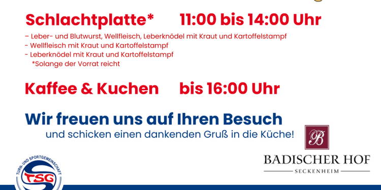 Kommt am Kerwe-Montag zum traditionellen TSG Schlachtfest mit Schlachtplattenessen